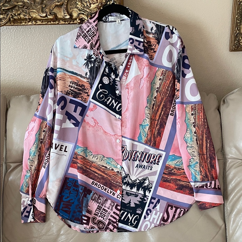 Mint Her Bottari Adventure Awaits Gorgeous Multicolor Fun Shirt Oversized Blouse - Picture 9 of 9